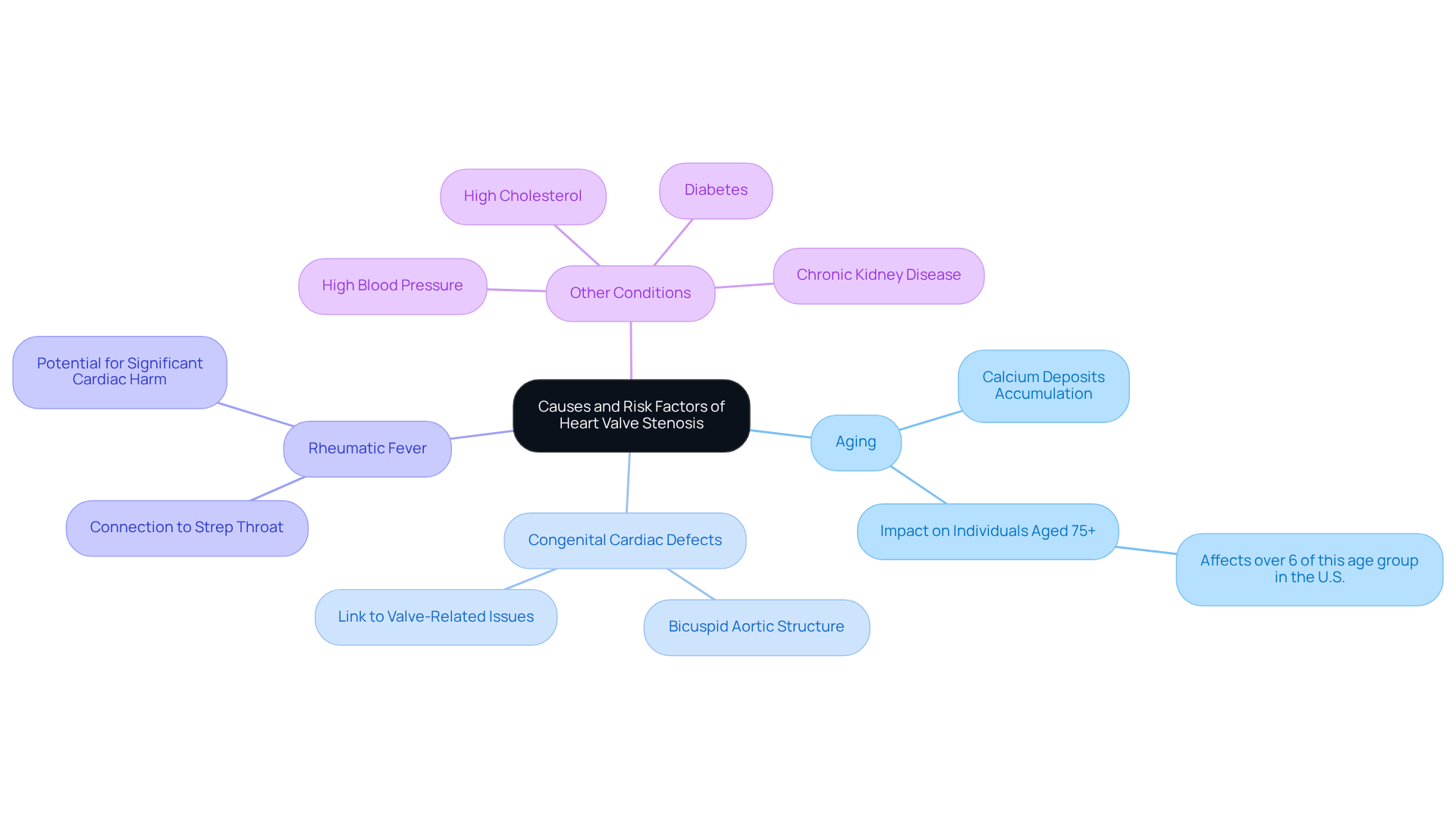 The central node represents the main topic, while the branches show different causes and risk factors. Each color-coded branch helps you see how various factors contribute to heart valve stenosis.