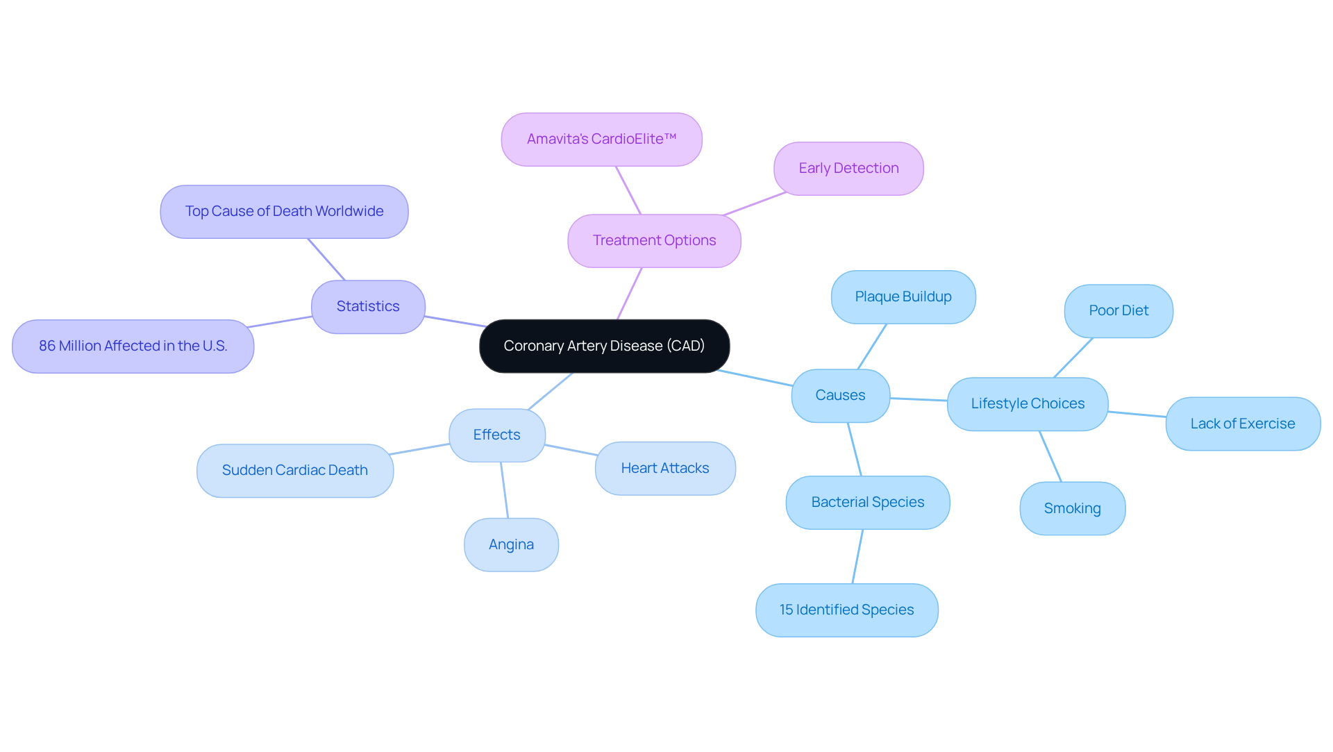 The central node represents CAD, and the branches show different aspects of the condition. Each branch connects to important details, helping you see how everything relates to heart health. The central node represents CAD, and the branches show different aspects of the condition. Each branch connects to important details, helping you see how everything relates to heart health.
