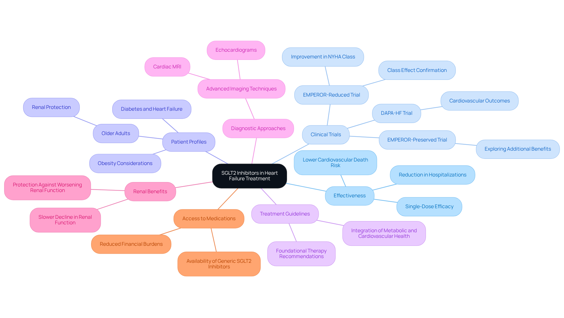 The central node represents the main topic, while the branches show different aspects of SGLT2 inhibitors in heart failure treatment. Each branch connects to specific details, helping you understand how these medications fit into a broader health context.