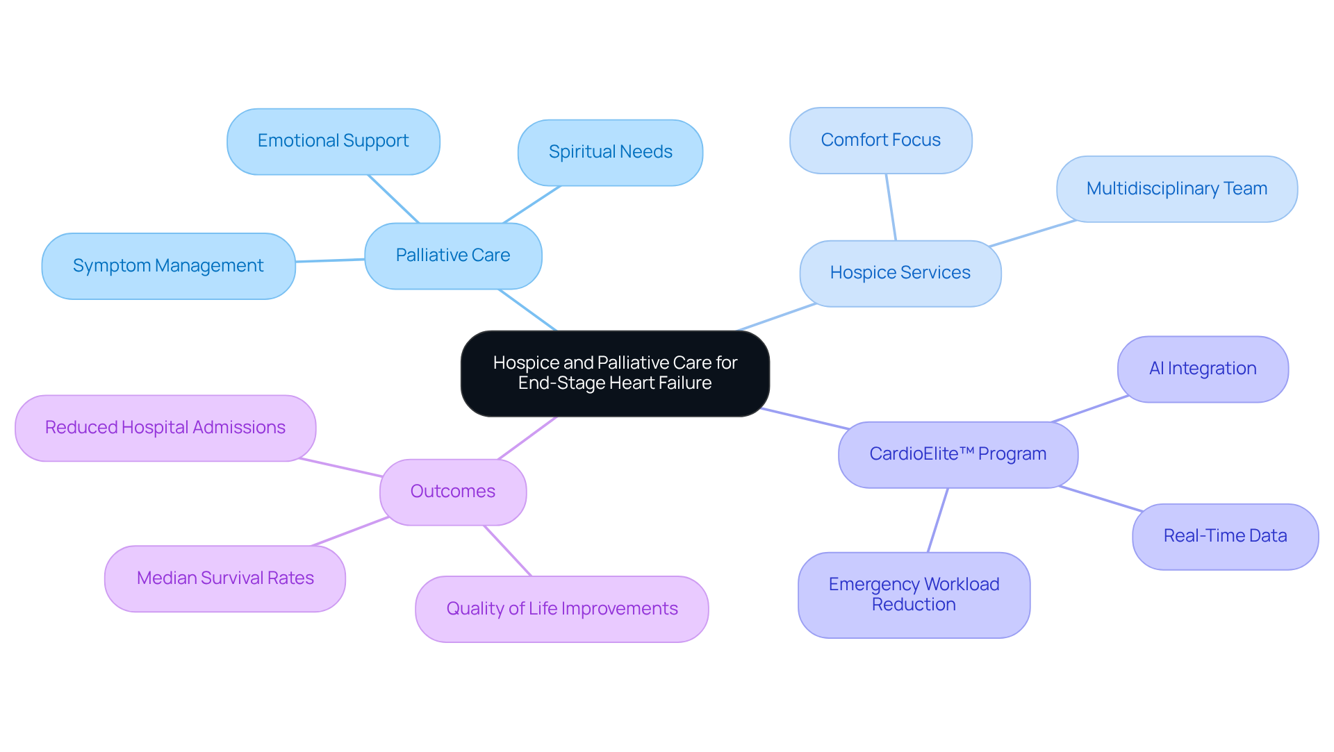 The central node represents the overall topic, while branches show different aspects of care. Each color-coded branch helps you see how palliative and hospice care, along with the CardioElite™ program, contribute to managing heart failure effectively.