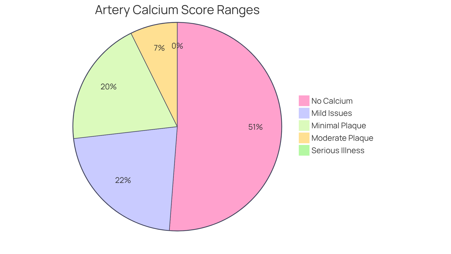 Each segment of the pie chart shows a different range of artery calcium scores. The size of each slice indicates how much that score range contributes to overall cardiovascular risk. A larger slice means a higher proportion of patients fall into that risk category.