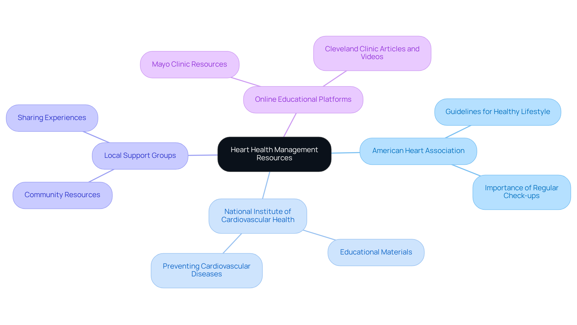 The central node represents the overall theme of managing heart health. Each branch leads to a specific resource category, and the sub-branches provide details about what each resource offers. This layout helps you quickly identify where to find support and information.