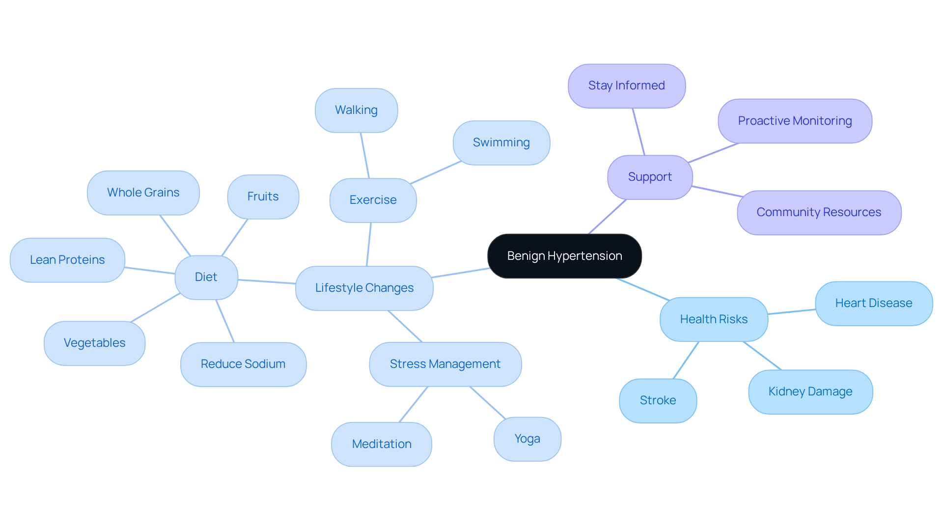 The central node represents benign hypertension, while the branches show related health risks and lifestyle changes. Each color-coded branch helps you see how different aspects connect to managing your blood pressure effectively.