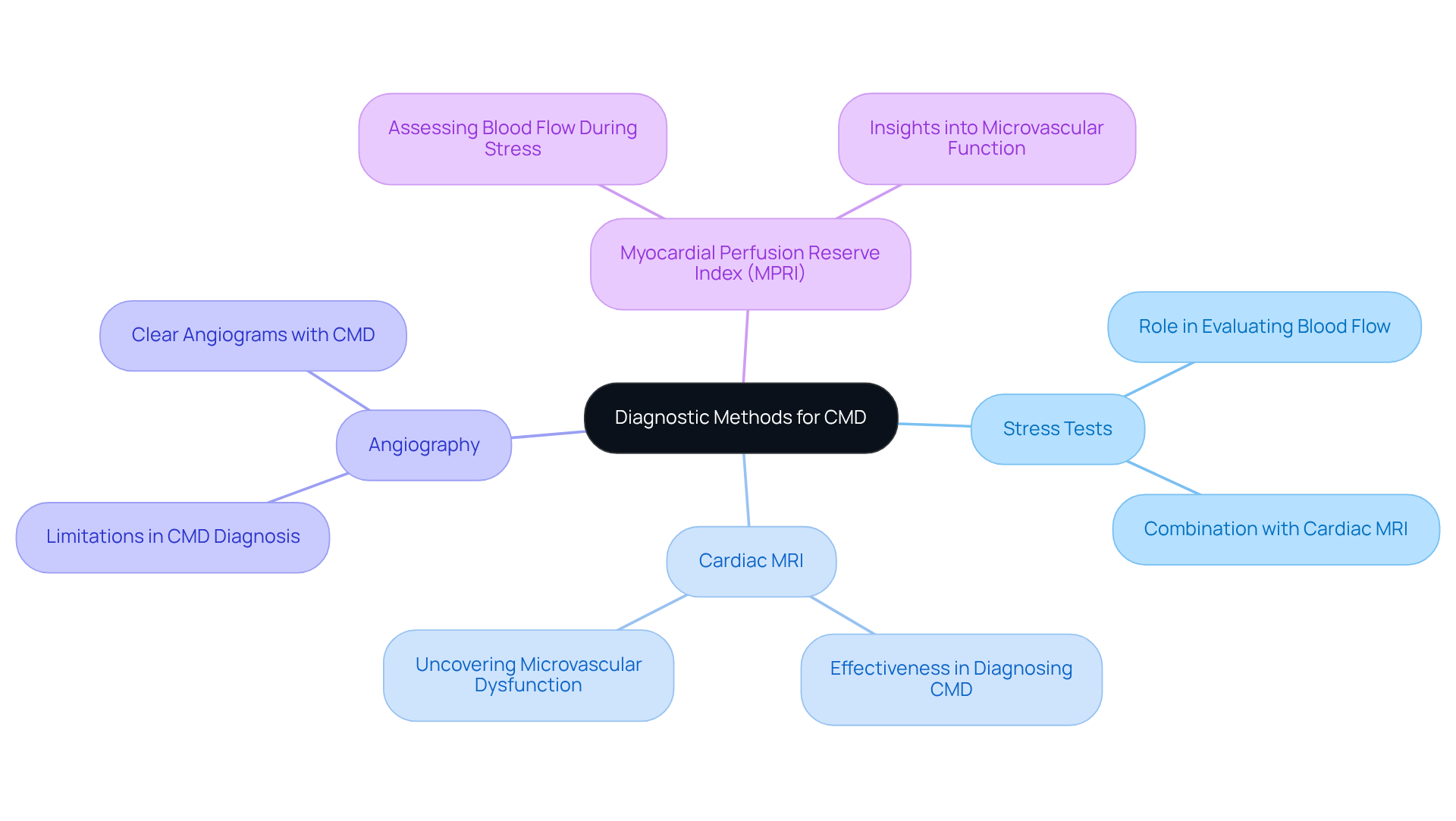 The center represents the main topic of CMD diagnostics, with branches showing different methods. Each method has its own color and details, helping you see how they contribute to understanding heart health.