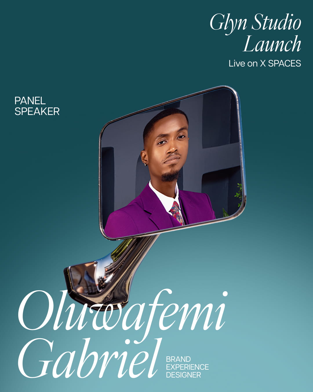Portrait of Oluwafemi Gabriel wearing a purple suit, reflected in a shiny side mirror against a teal background with text about Glyn Studio Launch live on X and YouTube.