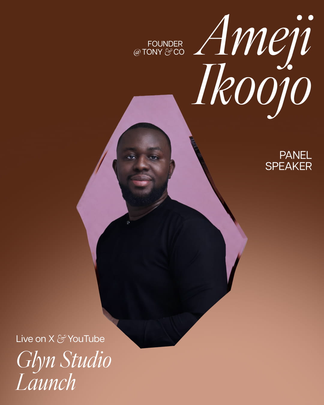 Portrait of Joboson Chisa, founder and creative director at Studio Ansa, framed by a wavy silver border on a green gradient background with text about Glyn Studio launch live on X and YouTube.