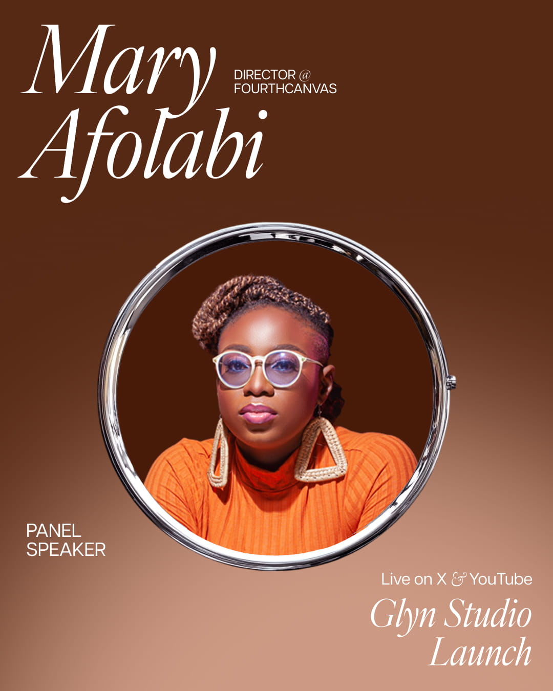 Portrait of Obasola Akintola sitting thoughtfully in a turquoise patterned suit inside a circular frame with text about his role as Senior Brand Designer and event moderator.