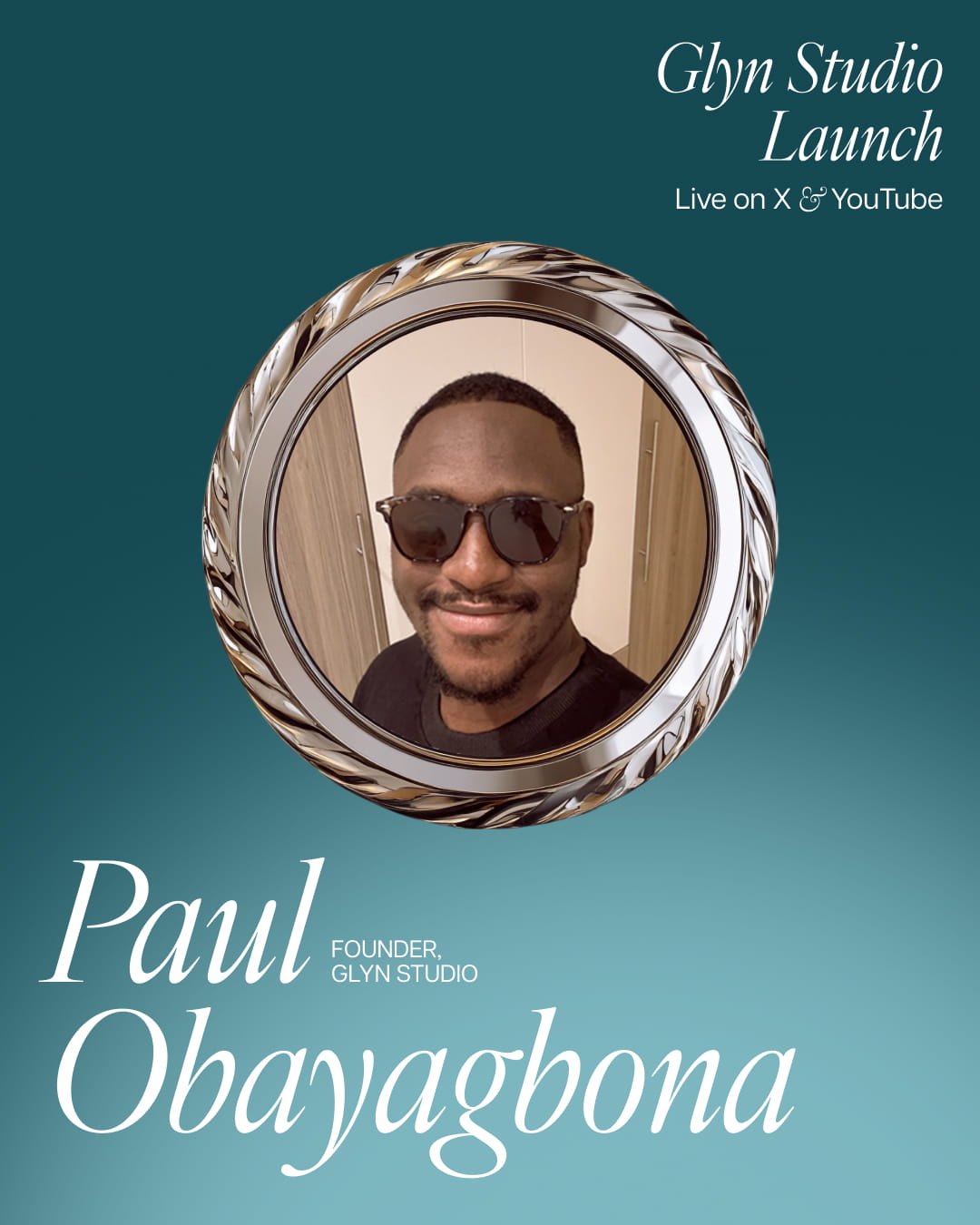 Portrait of Paul Obayagbona wearing sunglasses and smiling, framed by a decorative silver circular border.