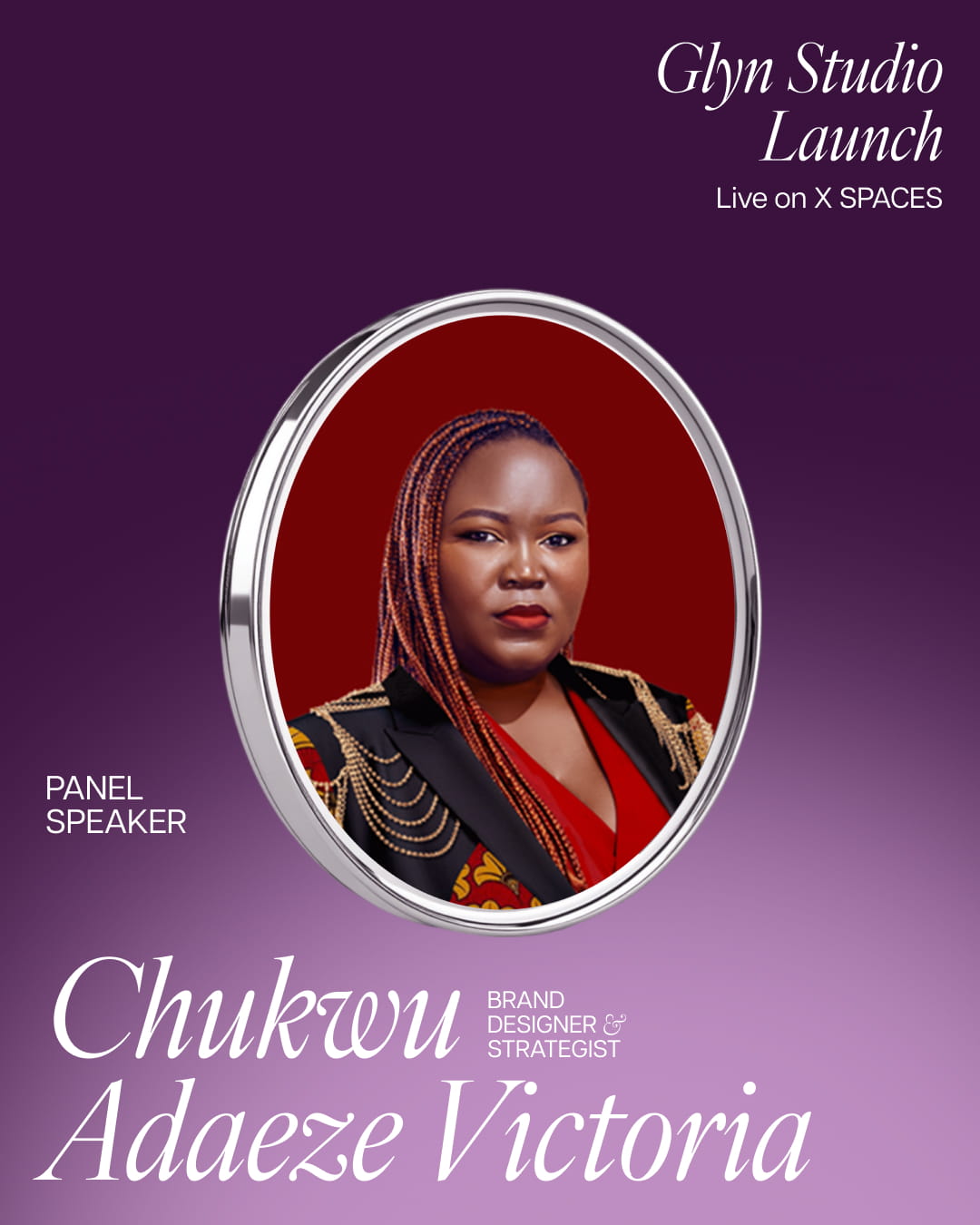 Portrait of Ameji Ikoojo, founder of Tony & Co and panel speaker, against a brown background with event details for Glyn Studio Launch live on X and YouTube.