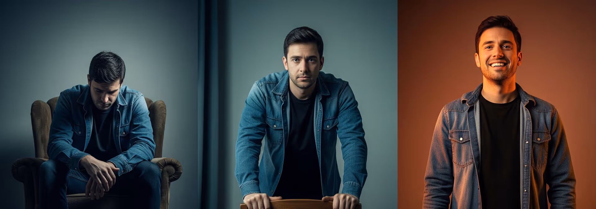 A man shown in a depressed state, a recovery state, and a healthy state.