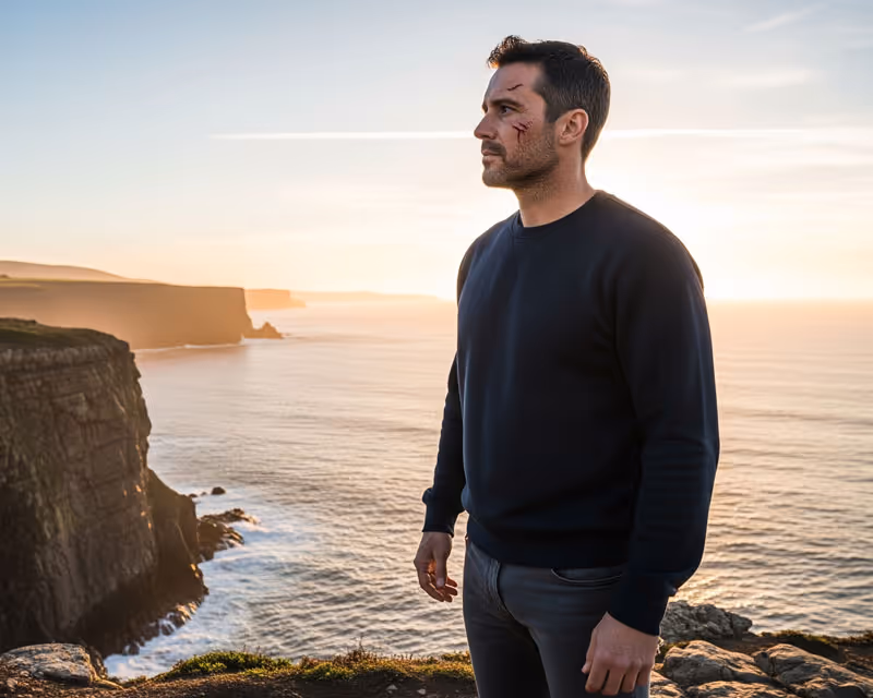 A battered man standing on a cliff overlooking the ocean.