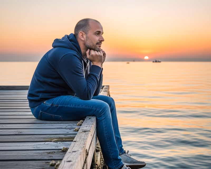 A depressed man sitting on a pier with his hands on his chin.