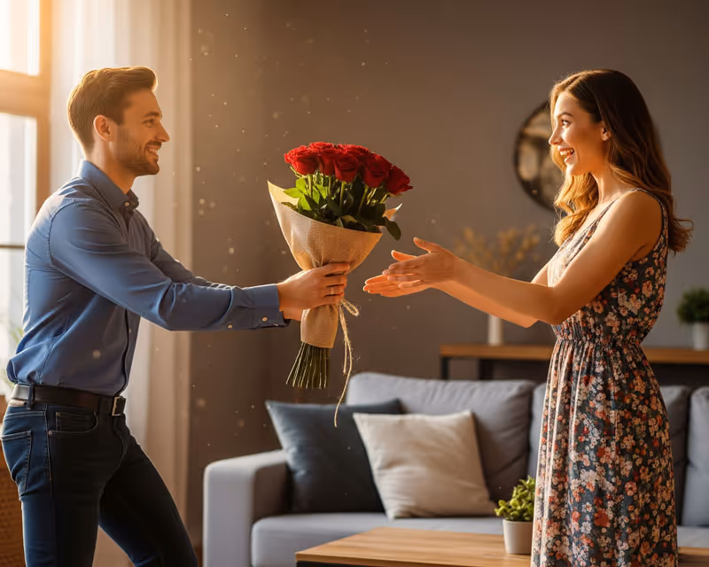 A man holding a bouquet of red roses and giving to his wife.