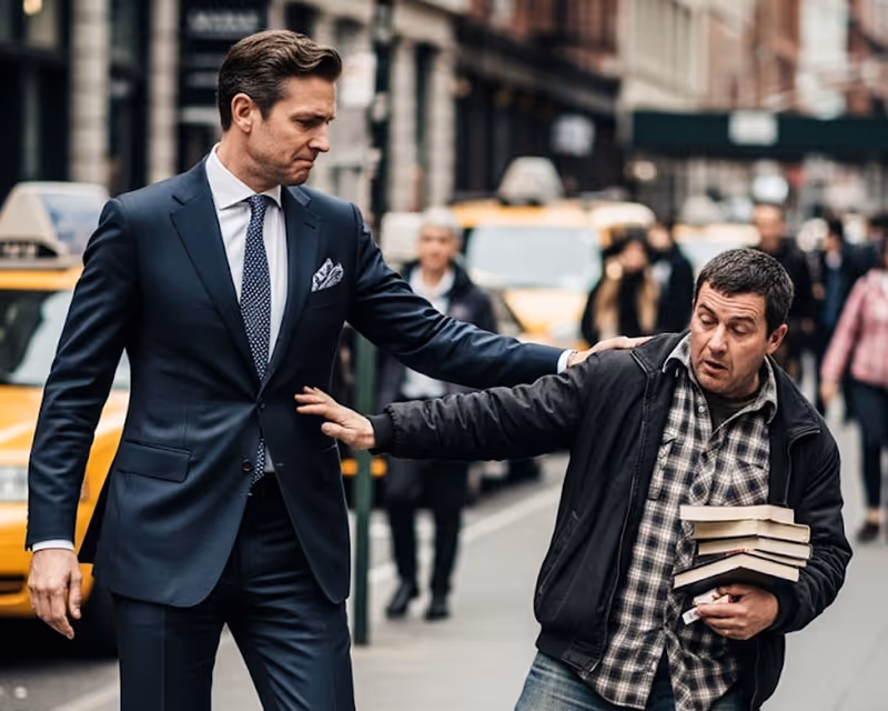 A man in a suit is in confrontation with another man in normal clothing.