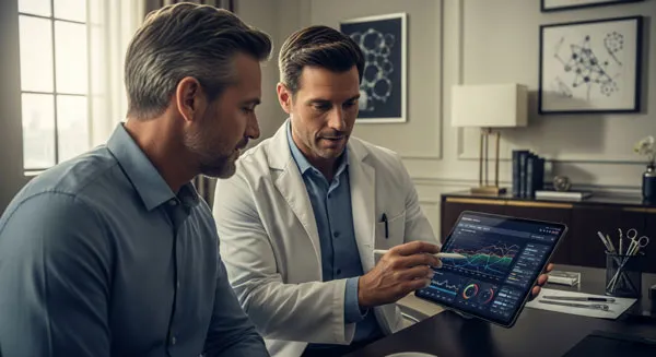 dr pointing at tablet with health data to patient