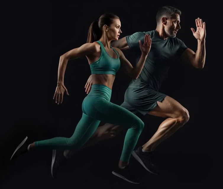 A man and woman running in athletic gear