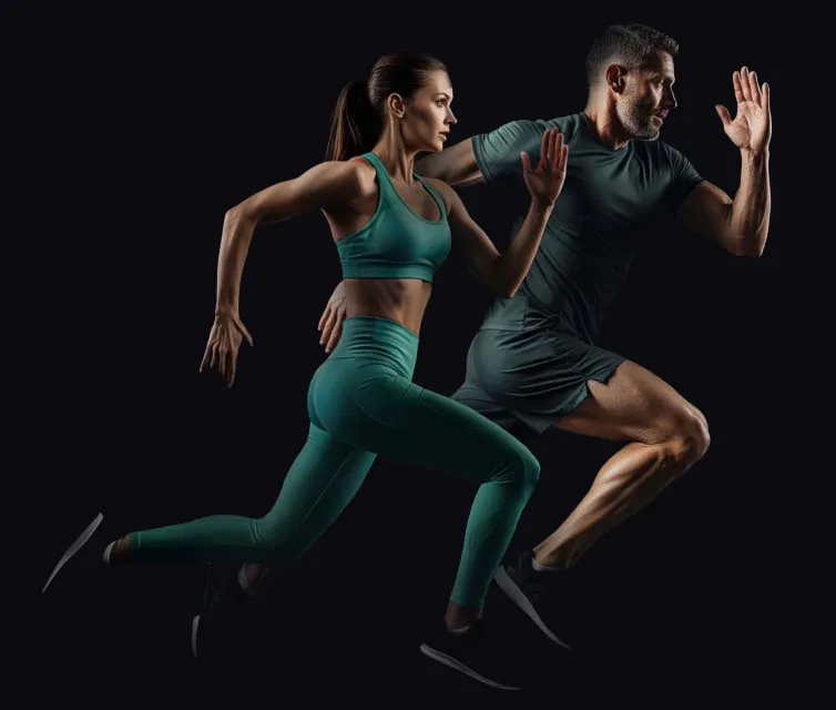 A man and woman running in athletic gear