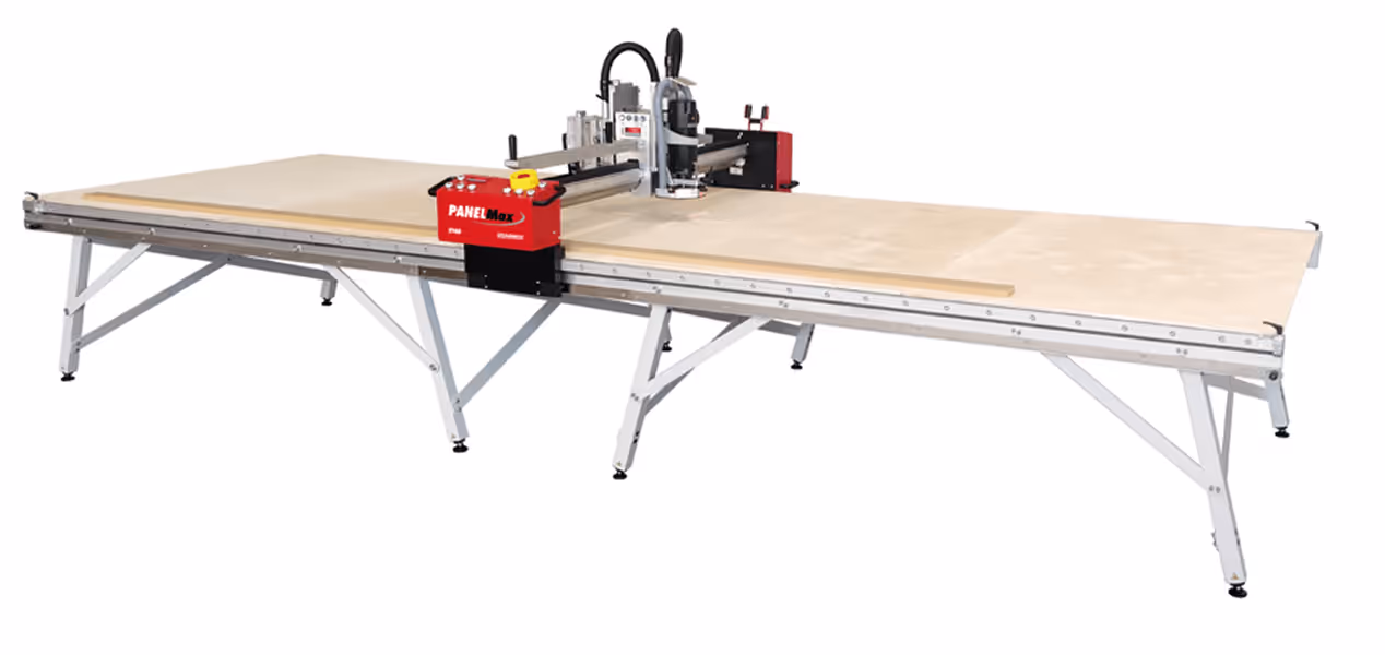 Large panel saw machine labeled PANEL Max designed for cutting wood panels, with a red control box and a large flat wooden surface on a metal frame.