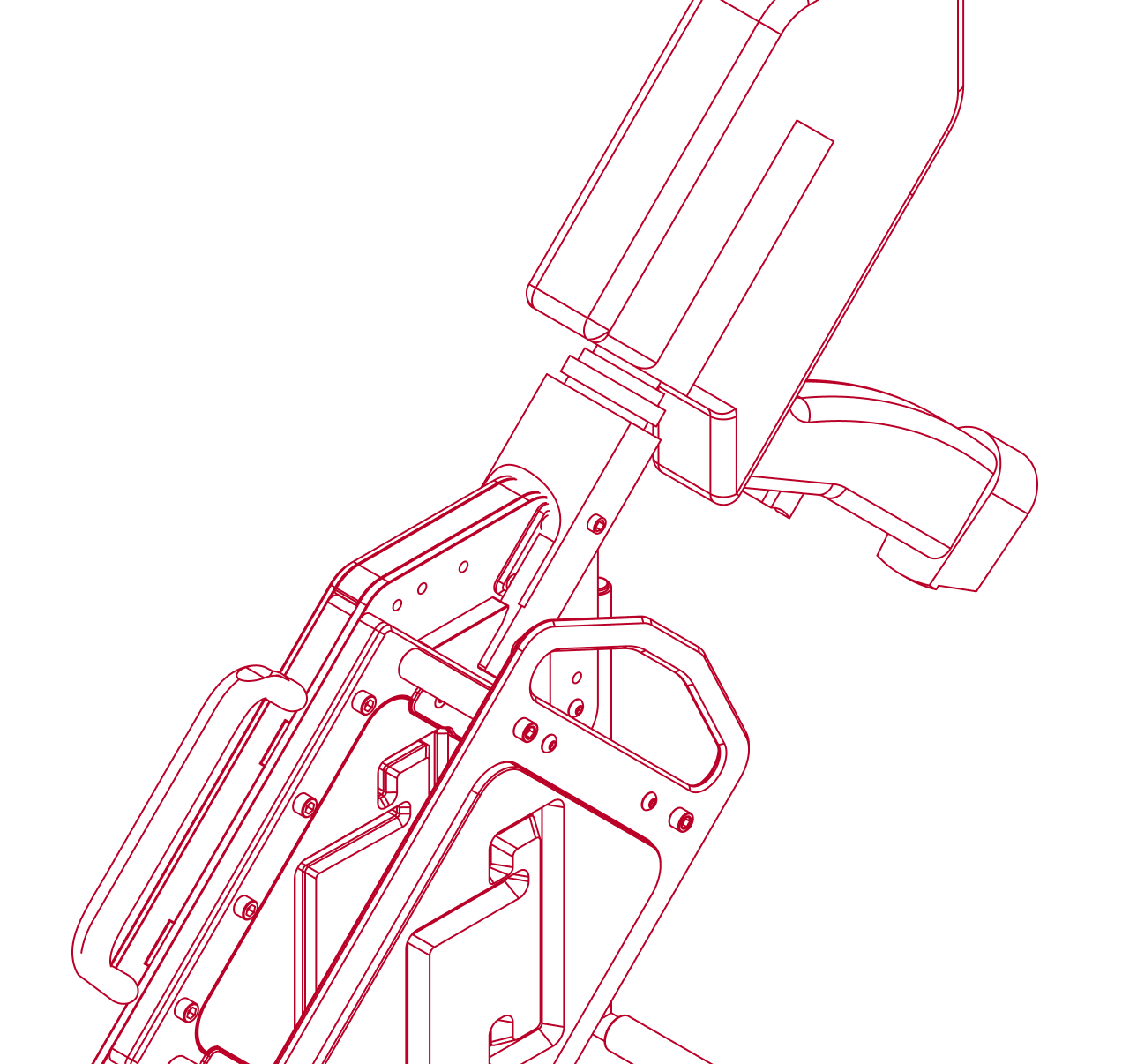 Technical red line art drawing of a firearm's internal components focusing on the magazine and trigger assembly.