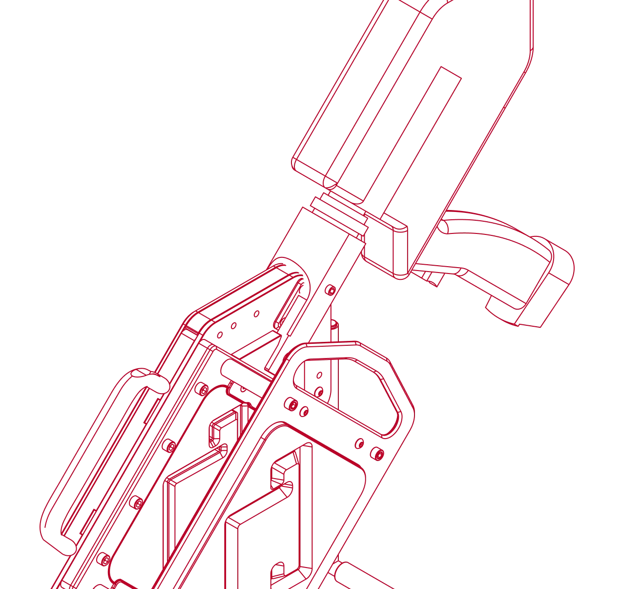 Technical red line art drawing of a firearm's internal components focusing on the magazine and trigger assembly.