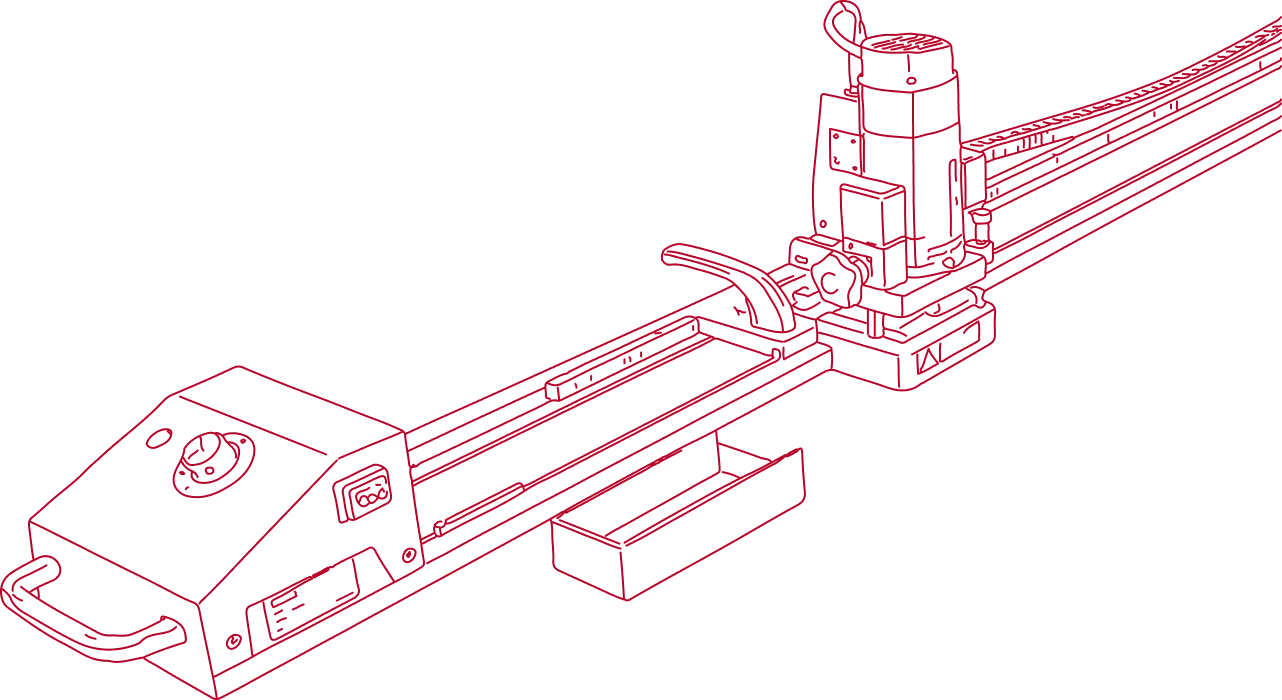Red line drawing of a horizontal router tool with a handle on the left and motor unit on the right.