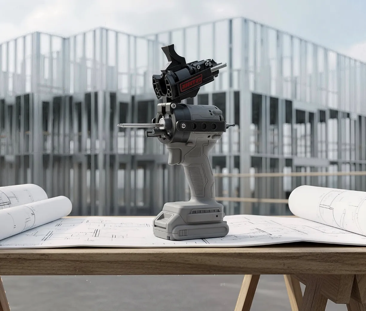 Partially assembled cordless power drill placed on architectural blueprints on a wooden table with a steel frame building under construction in the background.