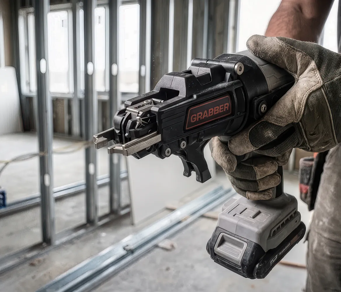 Close-up of a gloved hand holding a cordless Grabber power tool in a construction site with metal framing.