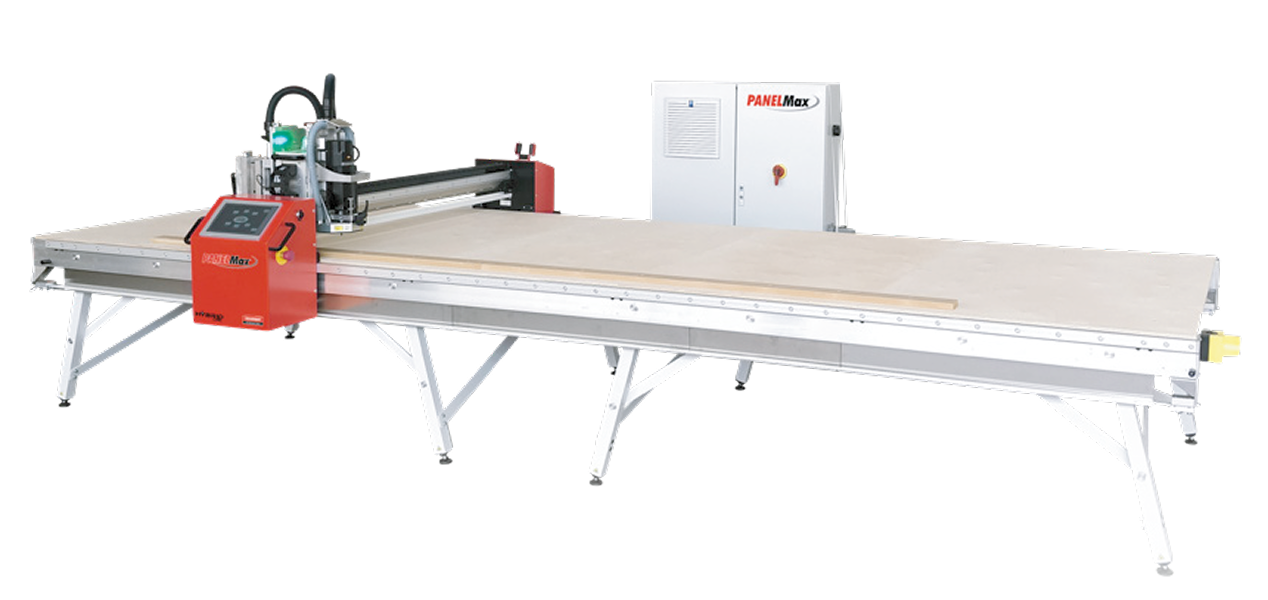 Large industrial PANELMax CNC router machine with a red control panel and a flat working surface.