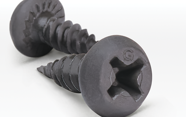 Close-up of two black Phillips head screws lying on a white surface.