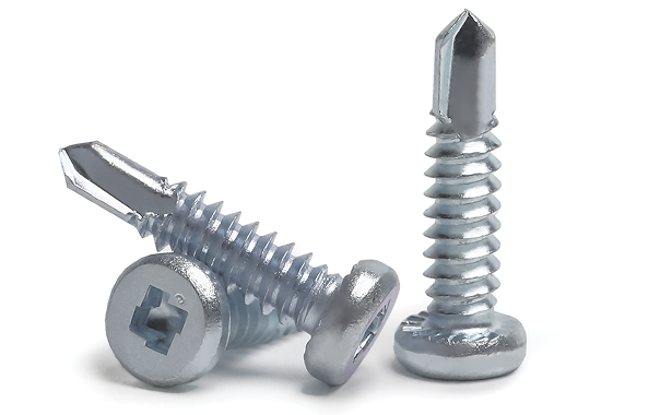 Three shiny silver self-drilling screws with flat heads on a white background.