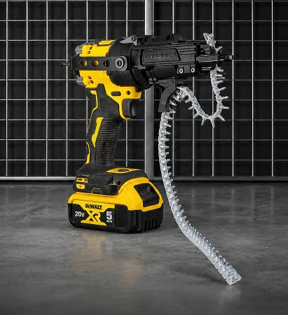 Yellow and black DeWalt 20V cordless nail gun with coil nails on gray floor in front of metal grid.