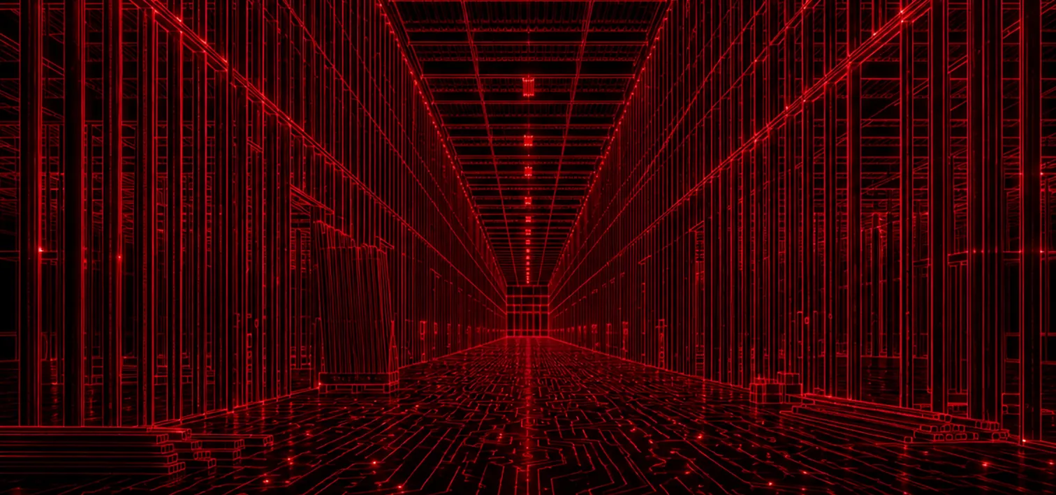 Red wireframe illustration of a data center corridor