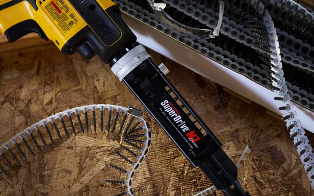 Collated screw strip loaded into a screw gun