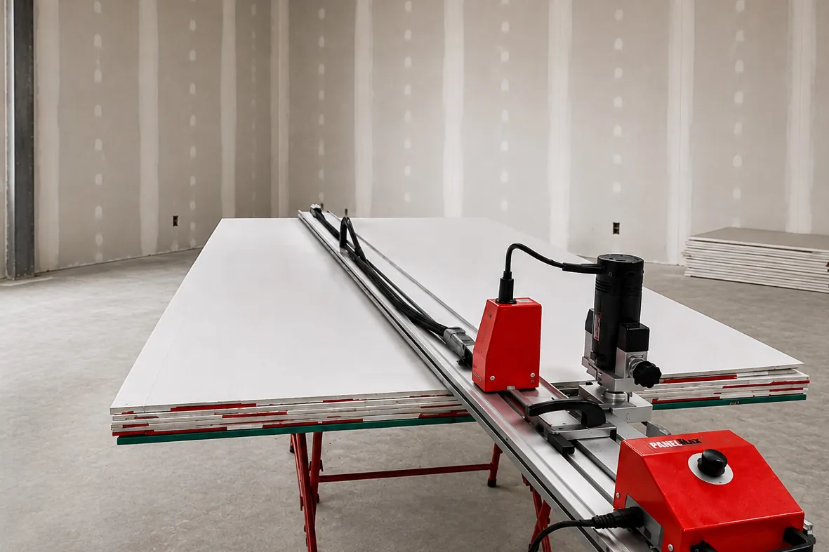 PanelMax drywall fabrication system mounted on a work table