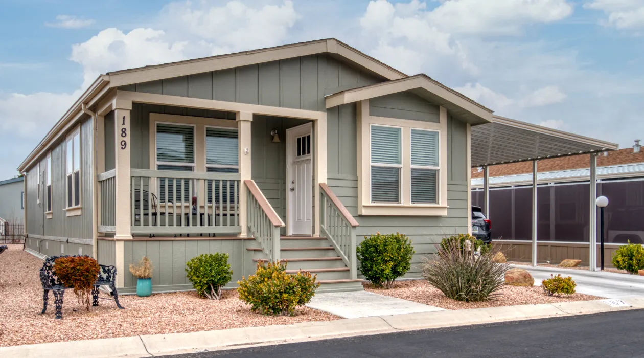 Row of modern mobile homes with raised decks 