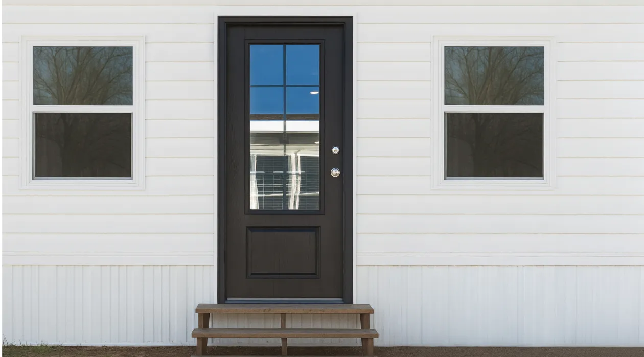 Matte black Brickmold Door on manufactured home