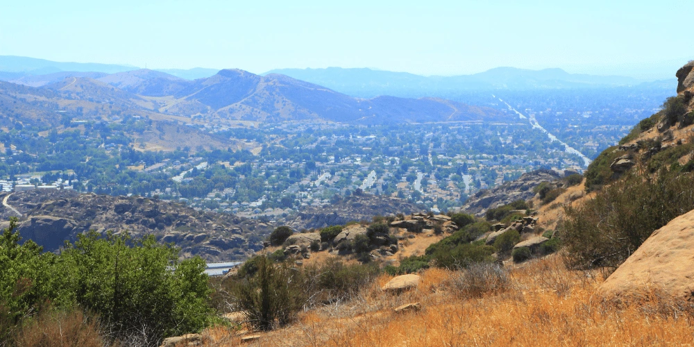 Backyard view with native plants and Simi Hills foothills in Simi Valley, California