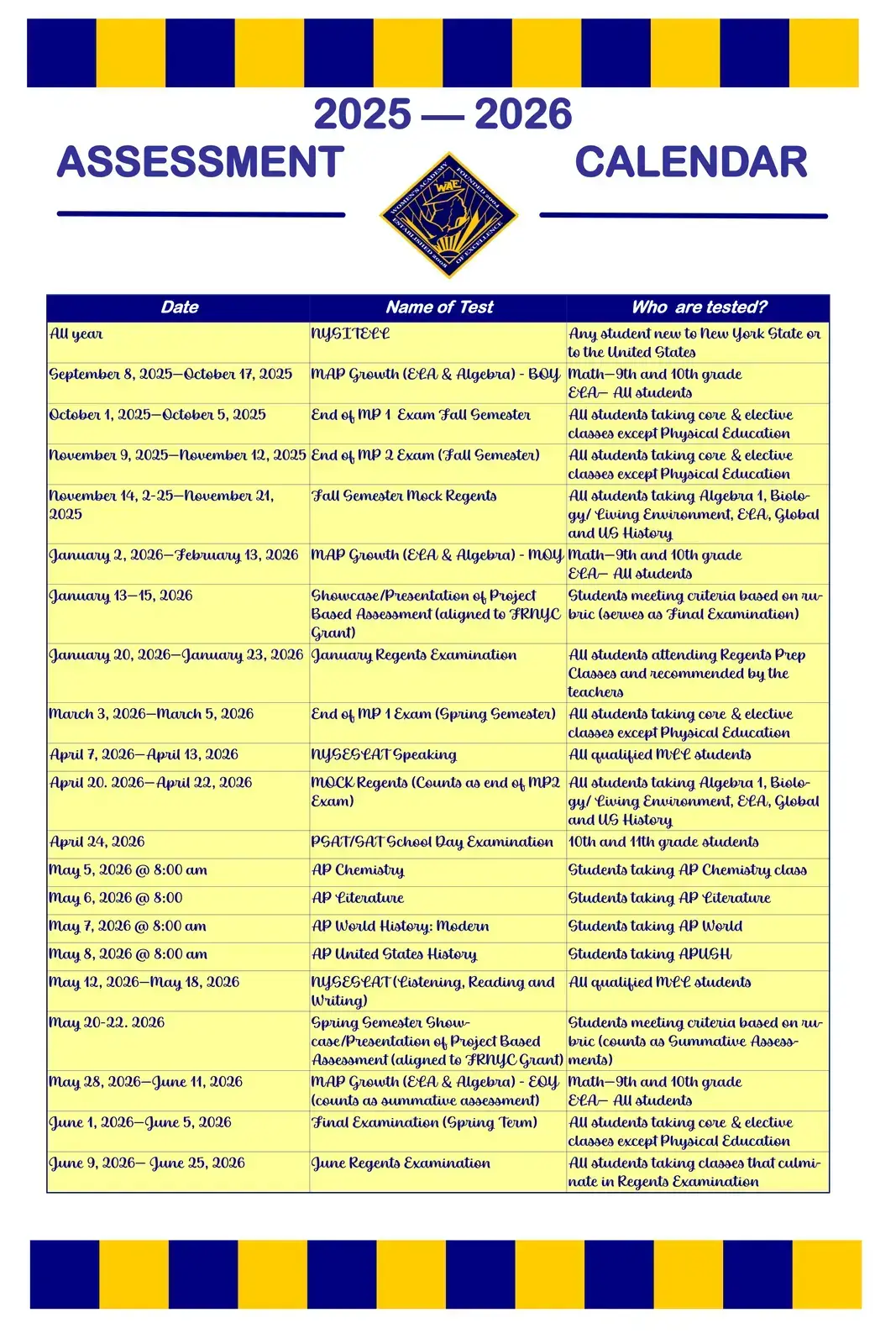 2025 to 2026 school assessment calendar with test dates and student groups