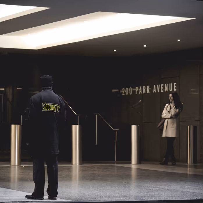 A security worker near the entrance of a Hotel