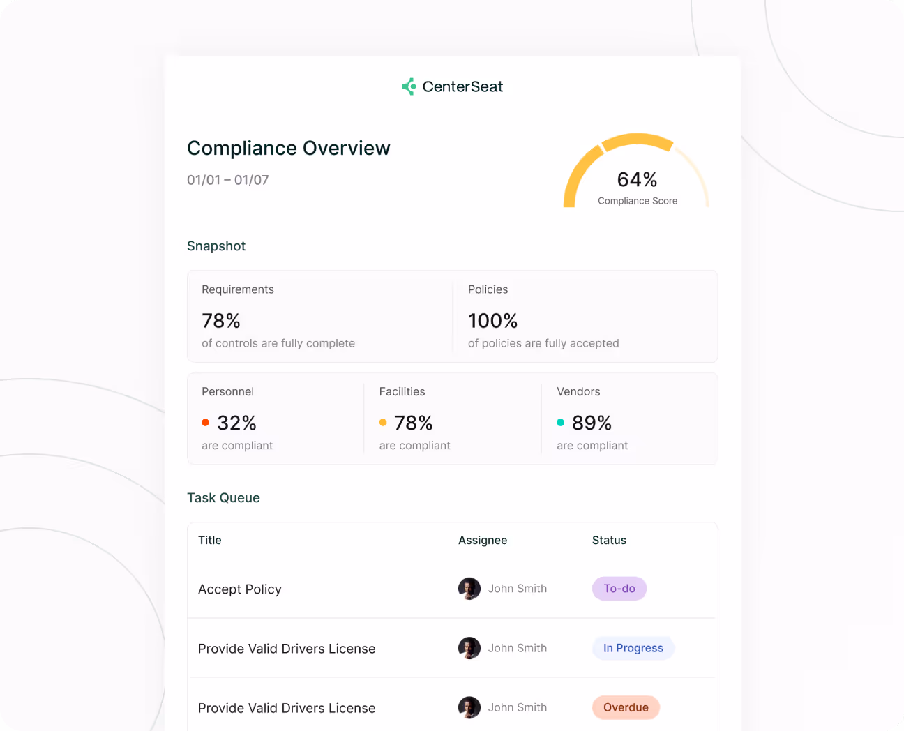 A screenshot of CenterSeat's dashboard
