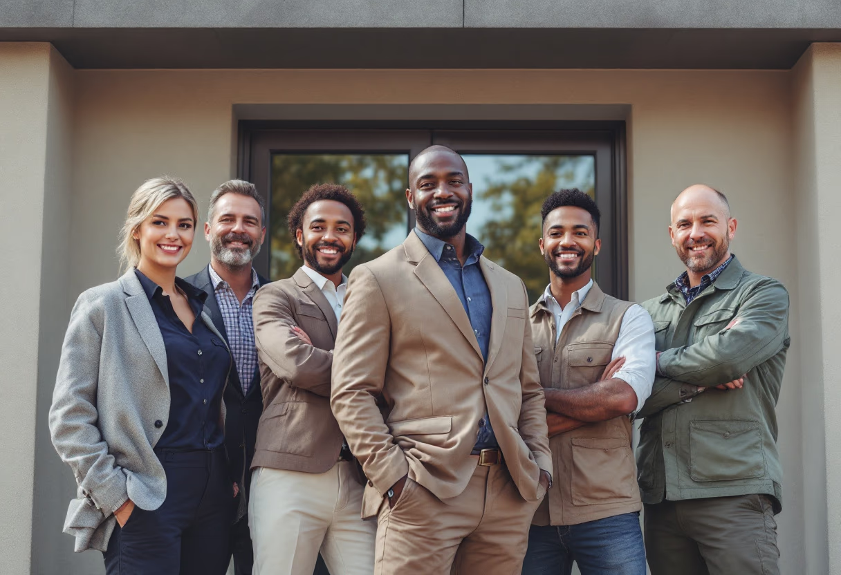 image of team in front of company building (for a roofing contractor)