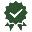 An icon of a check mark inside of an award ribbon