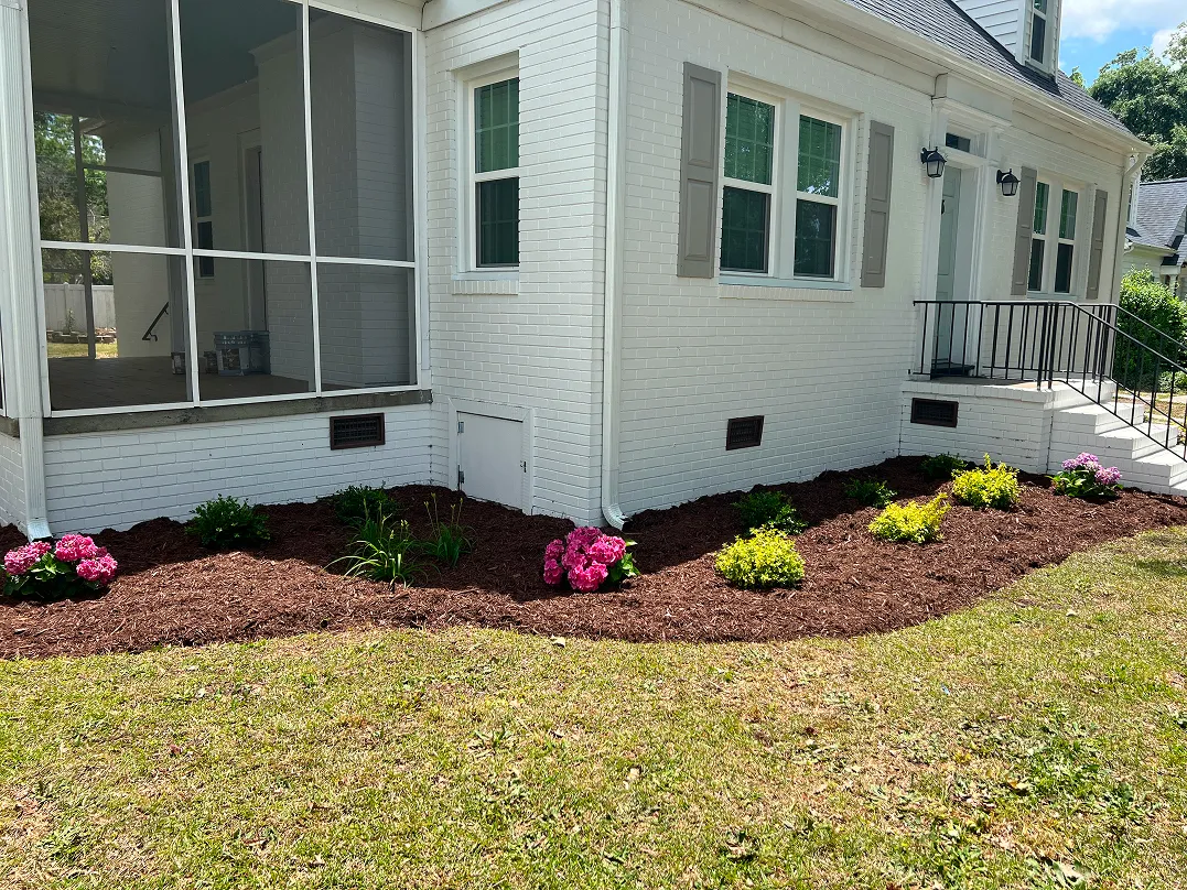 A beautifully mulched garden bed with flowers planted, beside a pristinely cut lawn 