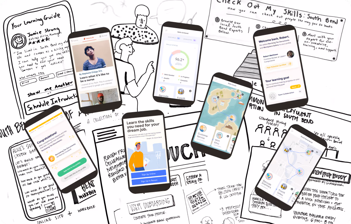 A collage of sketches and simple website mockups