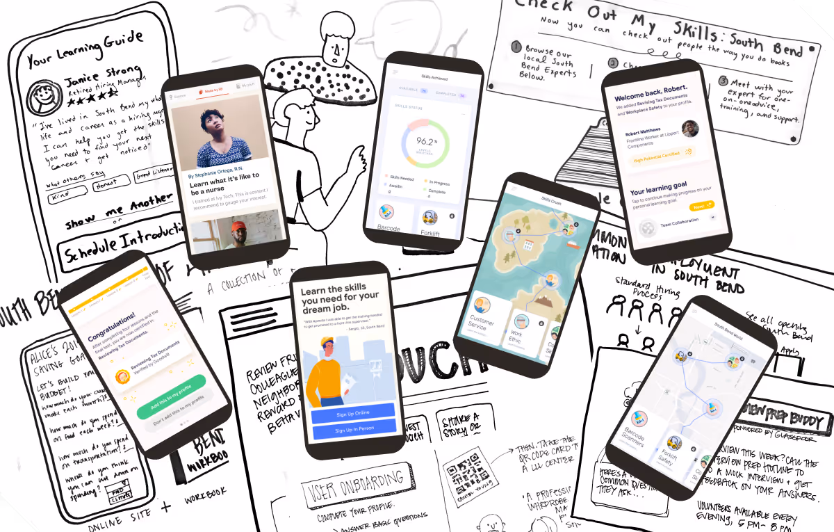 A collage of sketches and simple website mockups