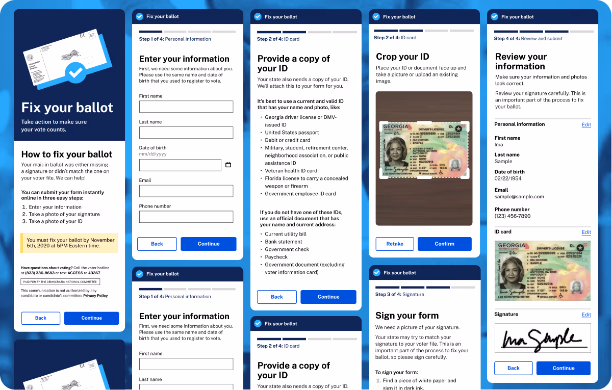 A series of mobile web pages arranged on a blue backdrop. They show the different form pages of filling out and signing an affadavit to fix your ballot.