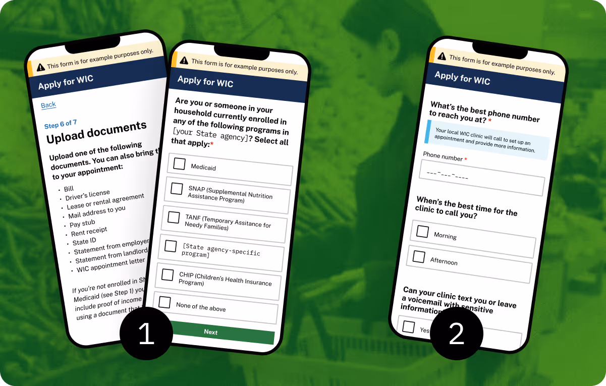 Three phone screens of different parts of a WIC application form, organized into two different screens
