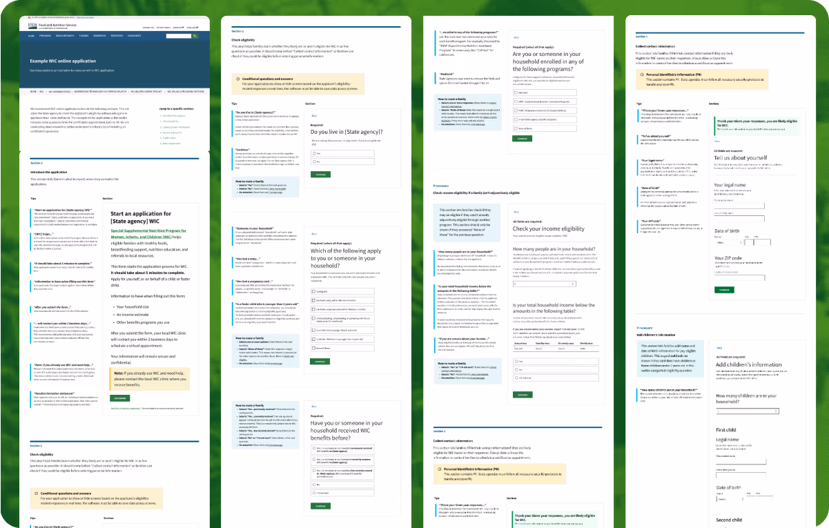 Four screenshots of the WIC model application. Each page of the form is on the right, with annotations on the left that explain the form's questions and design