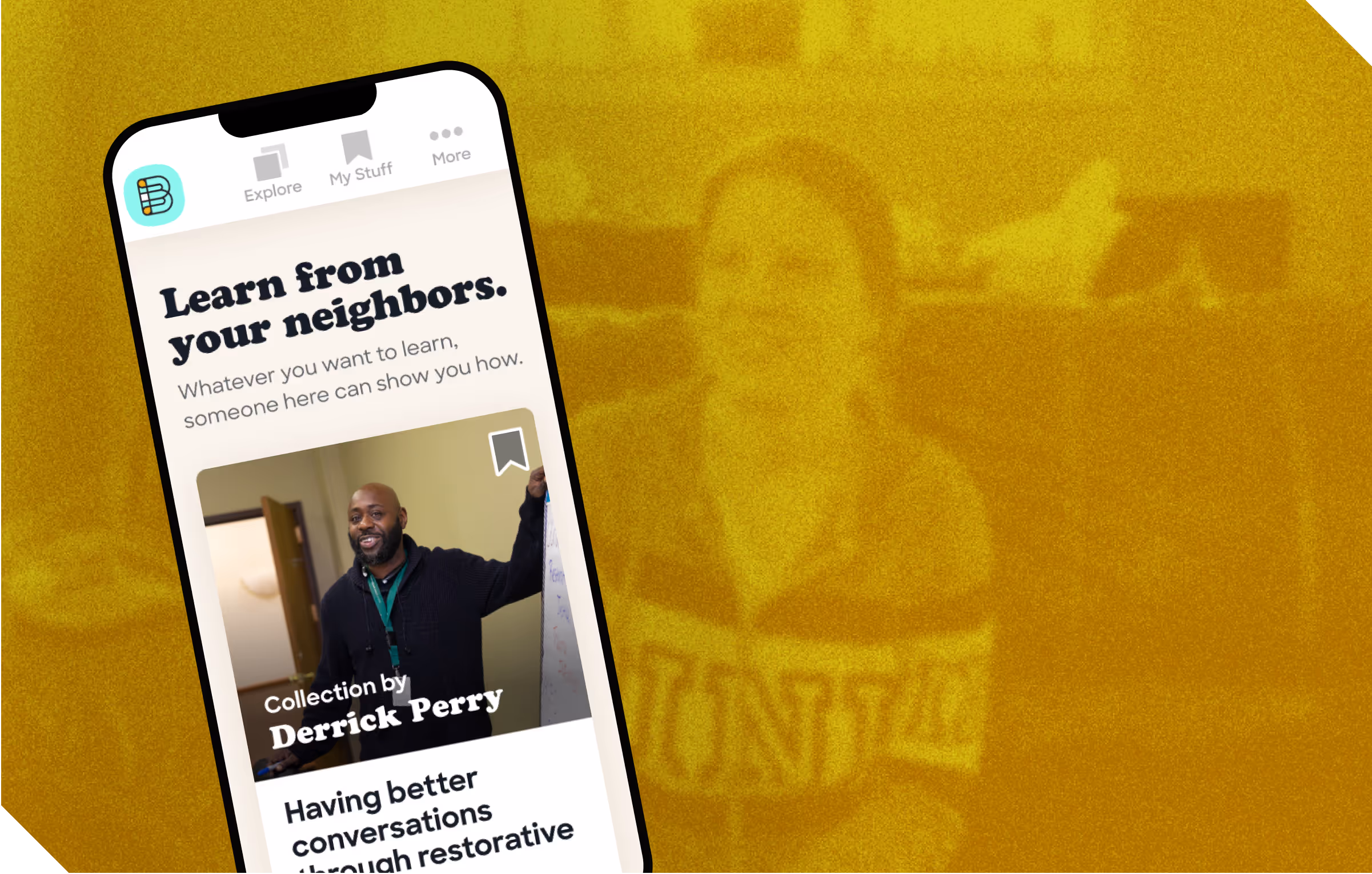 A phone mockup of a website with the header "Learn from your neighbors" against the yellow orange backdrop of a woman sitting on a couch smiling