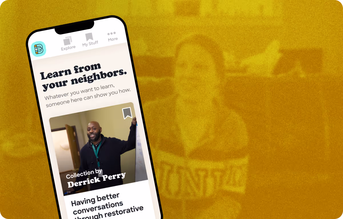A phone mockup of a website with the header "Learn from your neighbors" against the yellow orange backdrop of a woman sitting on a couch smiling
